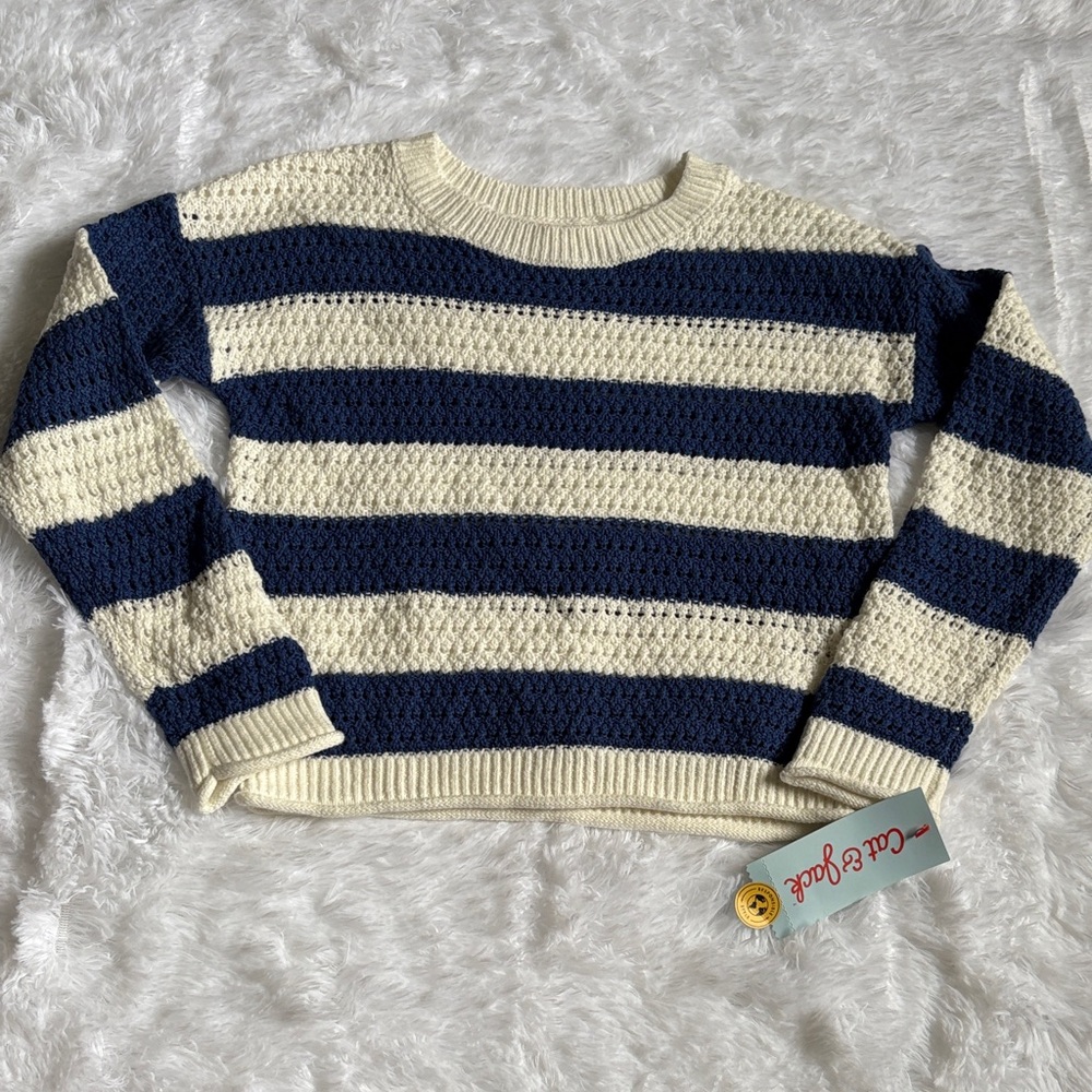 NWT Cat & Jack Blue And Light Cream Stripe Sweater Youth 4/5 XS